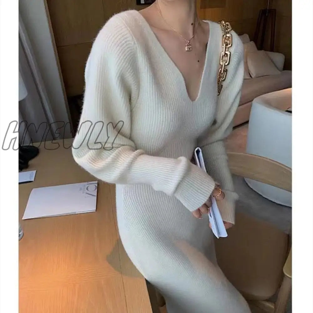 Hnewly New French Style Long Sweater Dress Knitting Solid Women’s Autumn And Winter Wear