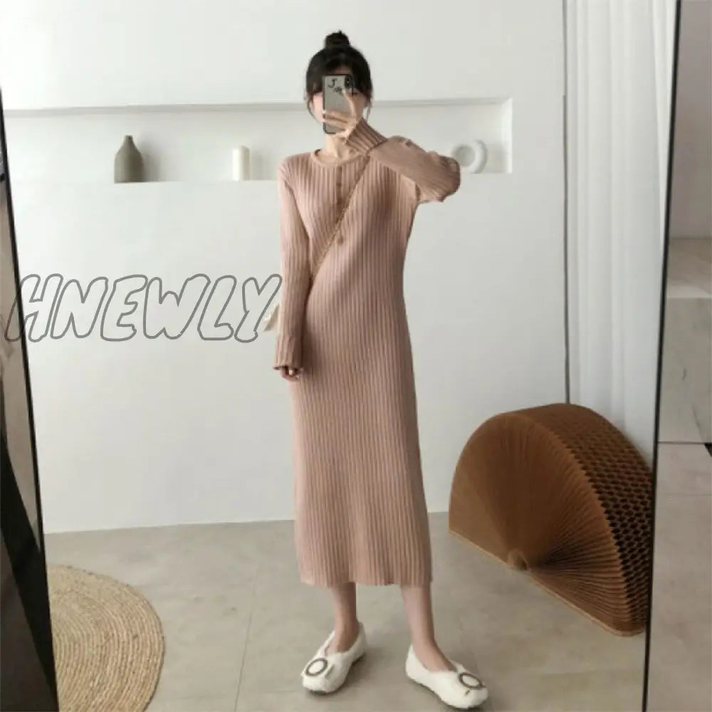Hnewly New French Style Long Sweater Dress Knitting Solid Women’s Autumn And Winter Wear