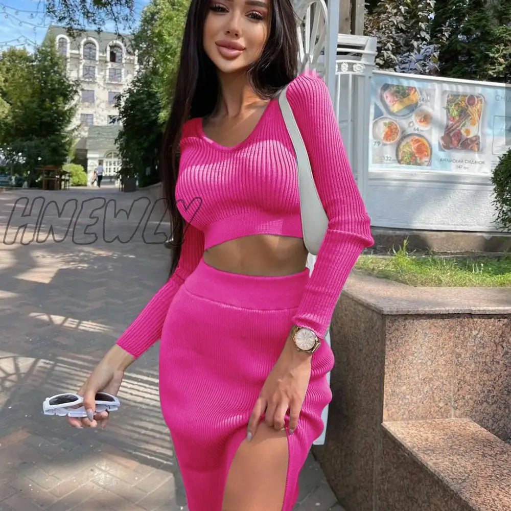 Hnewly New Knit Two Piece Set Women Autumn Midi Skirt Long Sleeve Crop Top High Waist Dress Suit