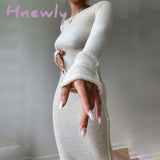 Hnewly New Knitted Bodycon Dress Fairy Grunge Casual Fashion Streetwear Women Autumn Y2K Solid O-neck Long Sleeve Maxi Dresses