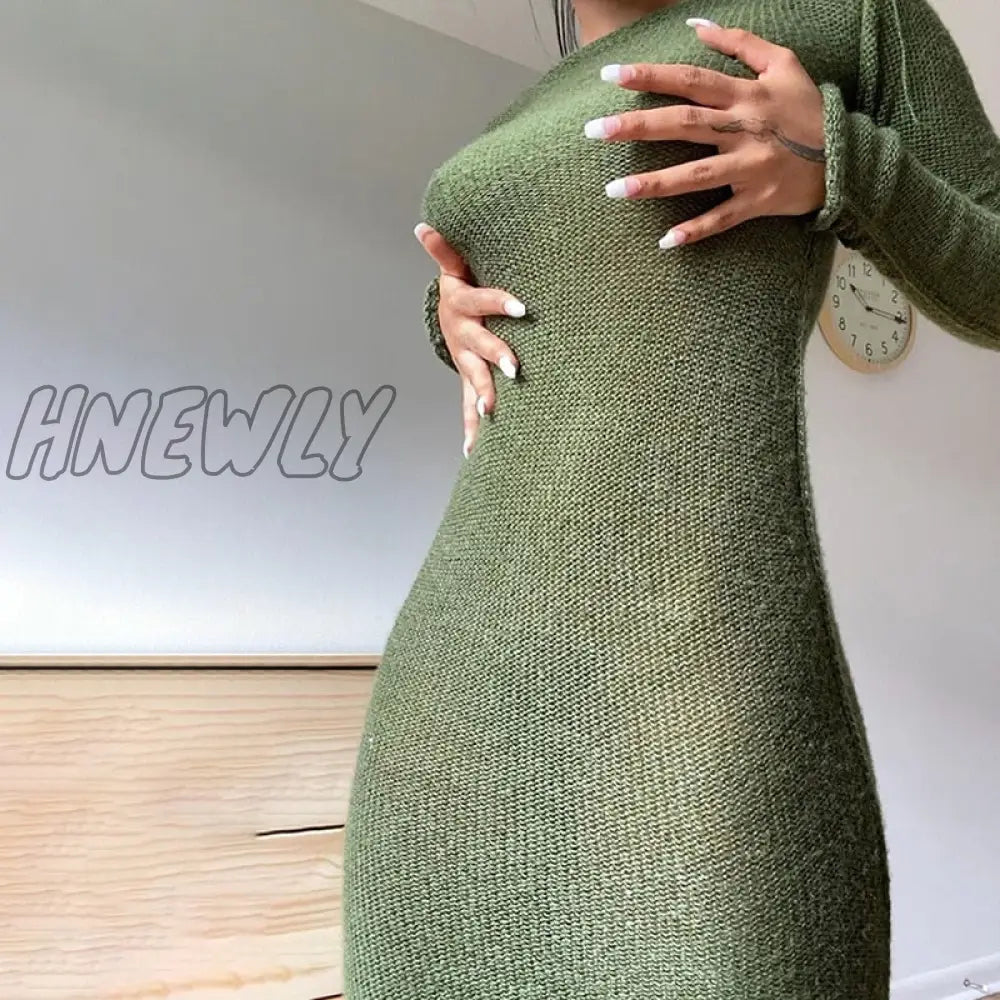 Hnewly New Knitted Bodycon Dress Fairy Grunge Casual Fashion Streetwear Women Autumn Y2K Solid