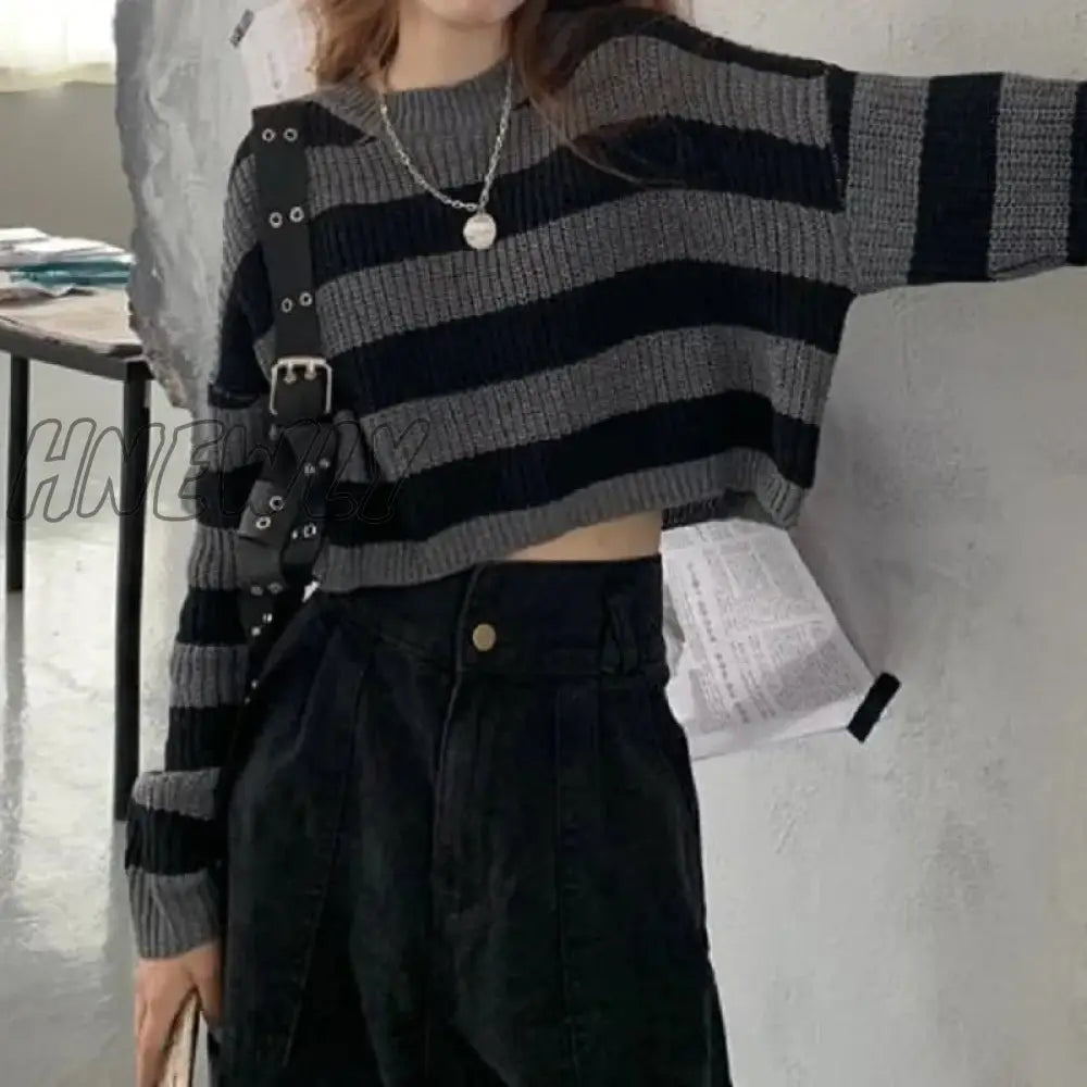 Hnewly New Korean Style Striped Cropped Sweater Women Vintage Oversize Knit Jumper Female Autumn