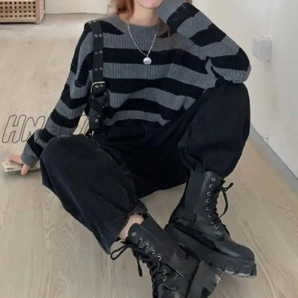 Hnewly New Korean Style Striped Cropped Sweater Women Vintage Oversize Knit Jumper Female Autumn