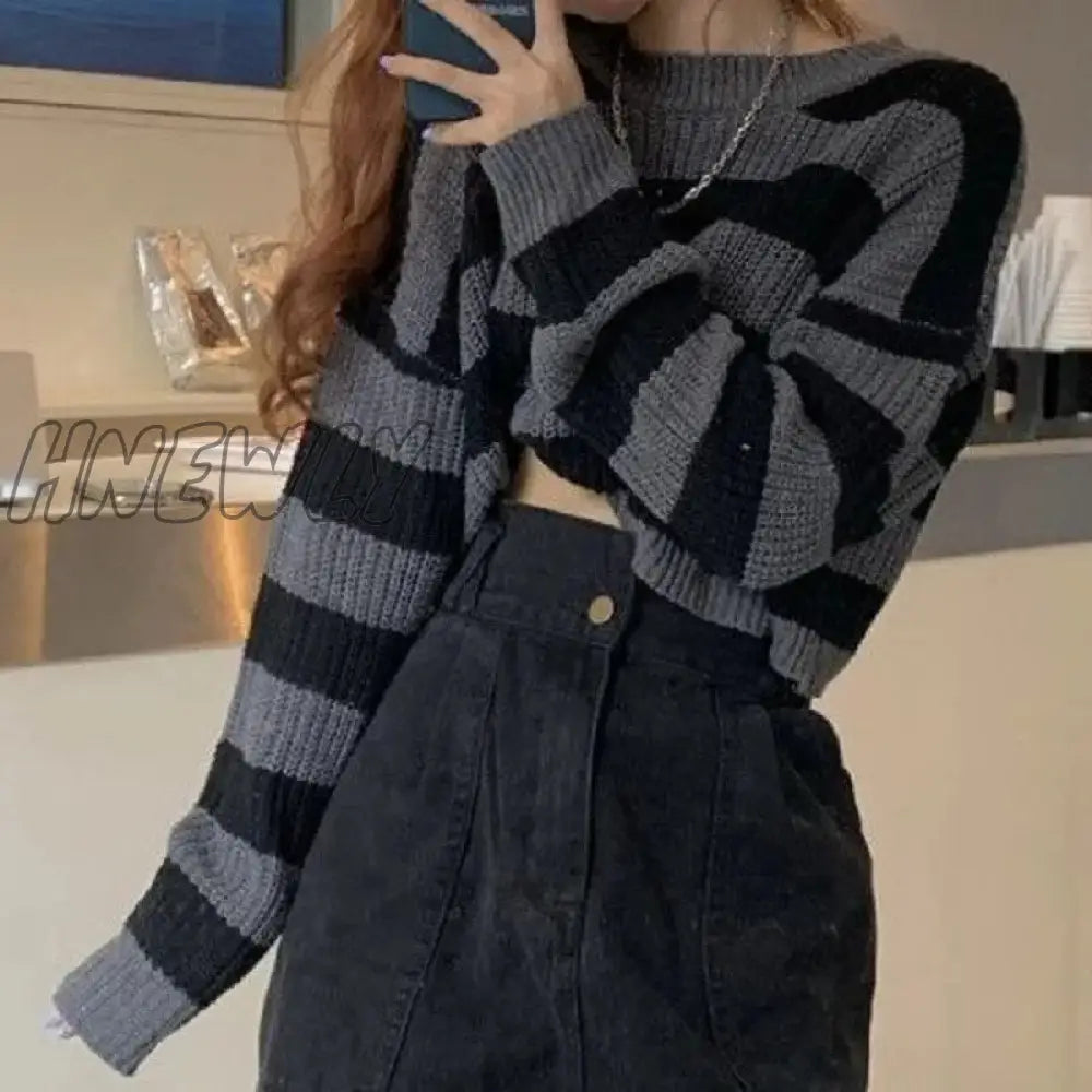 Hnewly New Korean Style Striped Cropped Sweater Women Vintage Oversize Knit Jumper Female Autumn