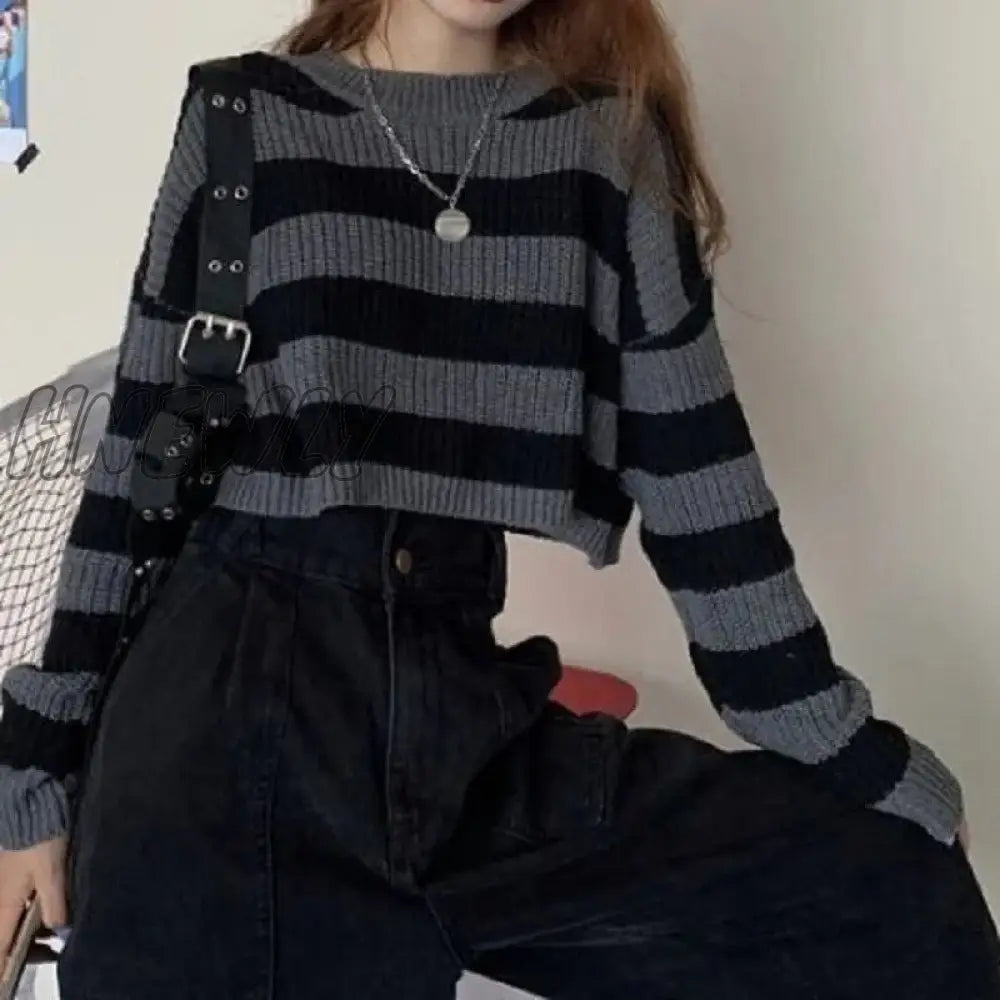 Hnewly New Korean Style Striped Cropped Sweater Women Vintage Oversize Knit Jumper Female Autumn