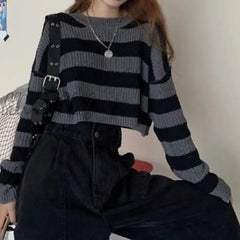 Hnewly New Korean Style Striped Cropped Sweater Women Vintage Oversize Knit Jumper Female Autumn