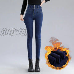Hnewly New Ladies Plus Velvet Super High Waist Sexy Skinny Jeans Winter Warmth Belly Retro Blue