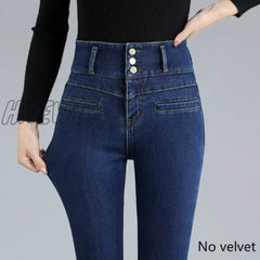 Hnewly New Ladies Plus Velvet Super High Waist Sexy Skinny Jeans Winter Warmth Belly Retro Blue