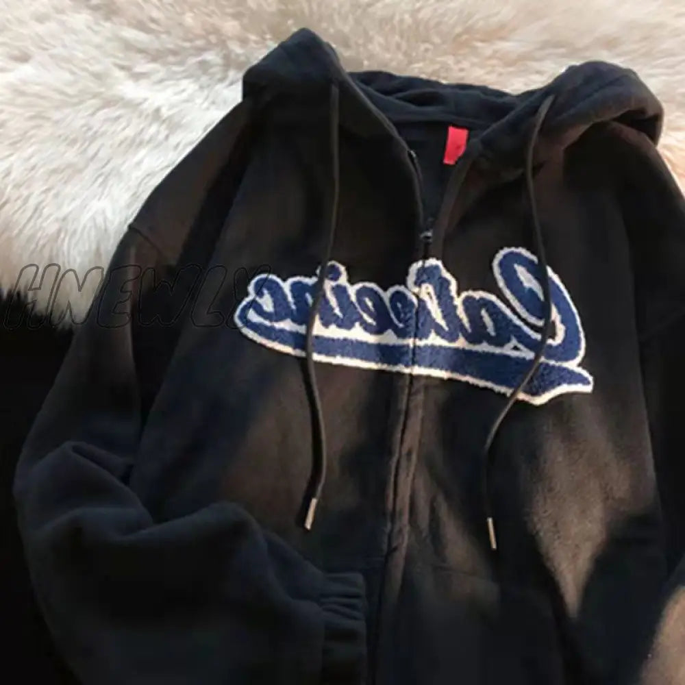 Hnewly New Polar Fleece Hoodies Women Casual Embroidery Clothes For Teens Sweatshirts Vintage Pink