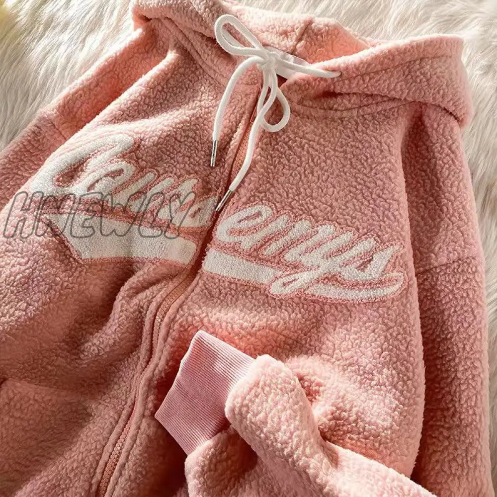 Hnewly New Polar Fleece Hoodies Women Casual Embroidery Clothes For Teens Sweatshirts Vintage Pink