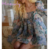 Hnewly New Prom Dress Women Puff Sleeve Empire Waist Ball Gown Sexy Tie Dye Female Party Holiday
