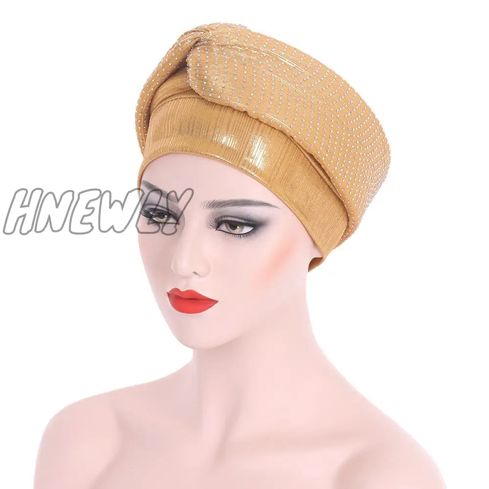 Hnewly New Ready To Wear African Headtie Diamonds Glitter Women’s Turban Caps Muslim Hijab Bonnet