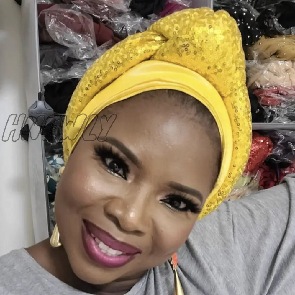 Hnewly New Ready To Wear African Headtie Diamonds Glitter Women’s Turban Caps Muslim Hijab Bonnet