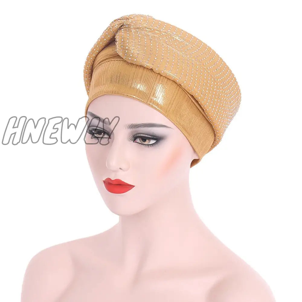 Hnewly New Ready To Wear African Headtie Diamonds Glitter Women’s Turban Caps Muslim Hijab Bonnet