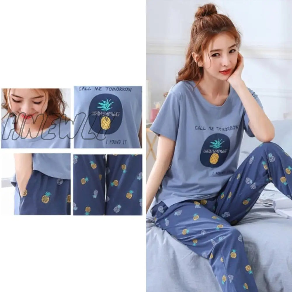 Hnewly New Sleepwear Cartoon Cotton Pajamas For Women Long Pants Short Sleeved Summer Spring