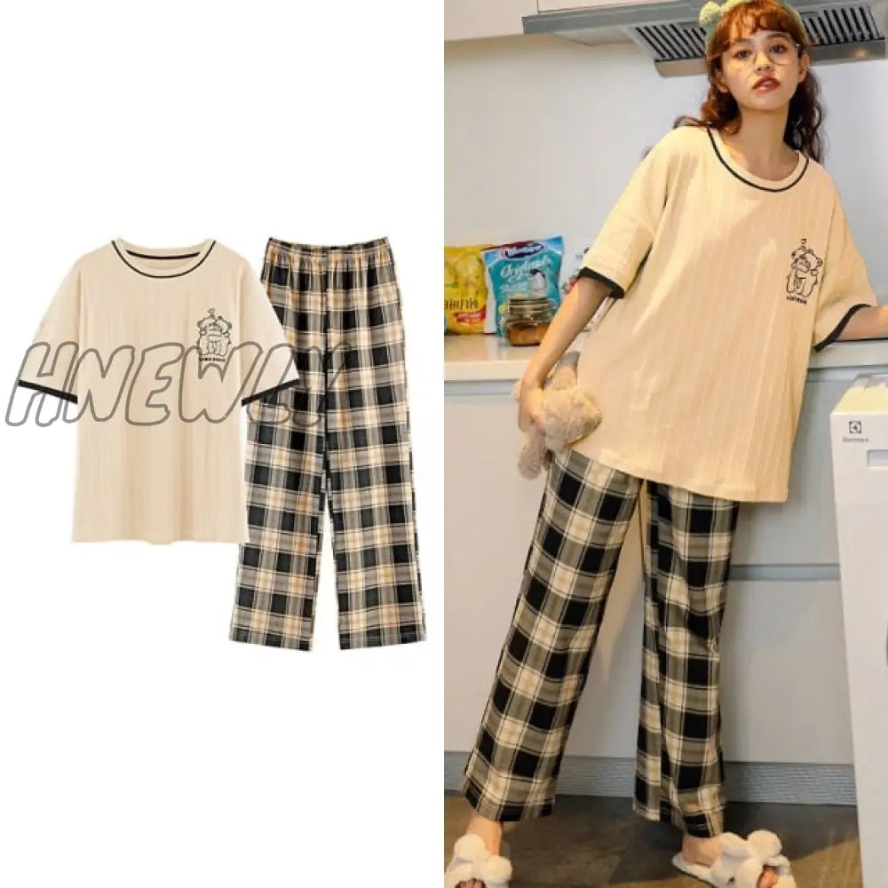 Hnewly New Sleepwear Cartoon Cotton Pajamas For Women Long Pants Short Sleeved Summer Spring