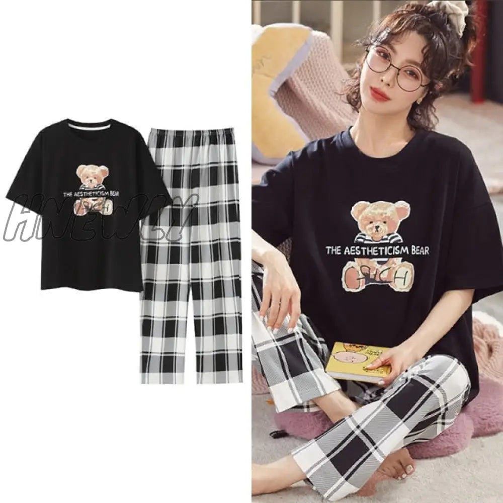 Hnewly New Sleepwear Cartoon Cotton Pajamas For Women Long Pants Short Sleeved Summer Spring