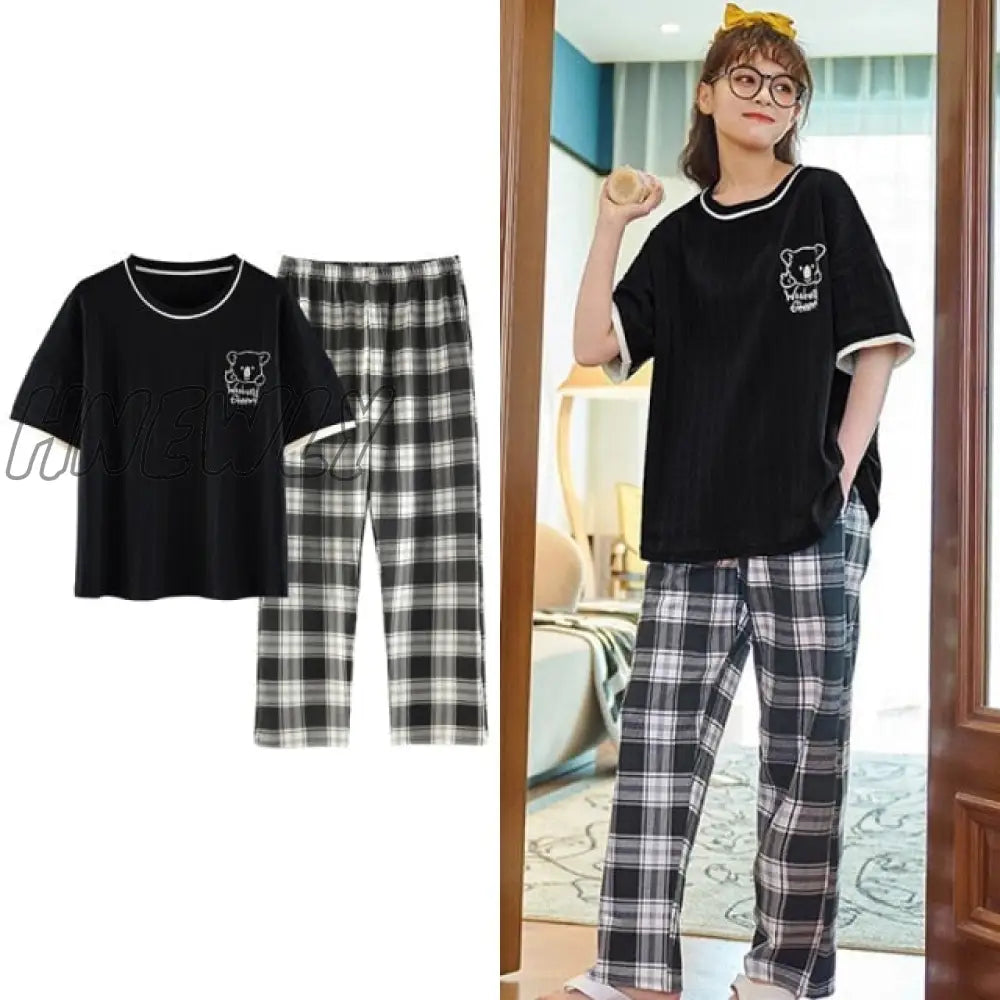 Hnewly New Sleepwear Cartoon Cotton Pajamas For Women Long Pants Short Sleeved Summer Spring