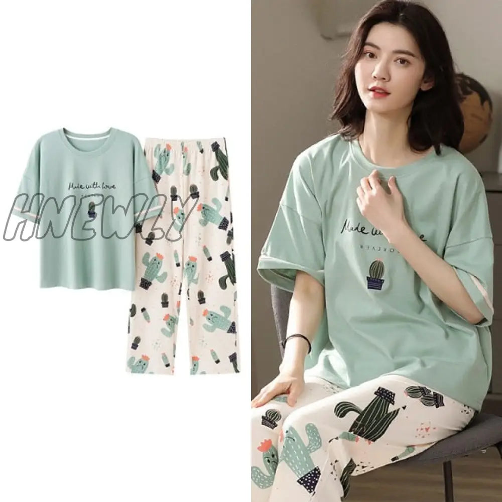 Hnewly New Sleepwear Cartoon Cotton Pajamas For Women Long Pants Short Sleeved Summer Spring