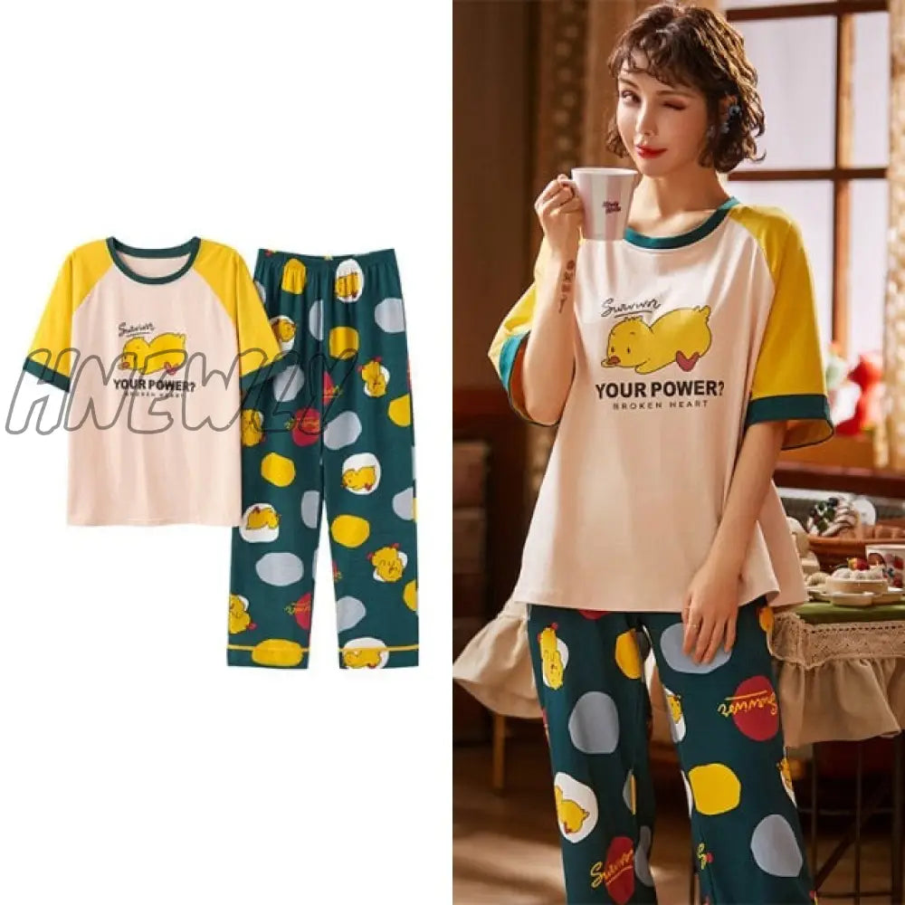 Hnewly New Sleepwear Cartoon Cotton Pajamas For Women Long Pants Short Sleeved Summer Spring