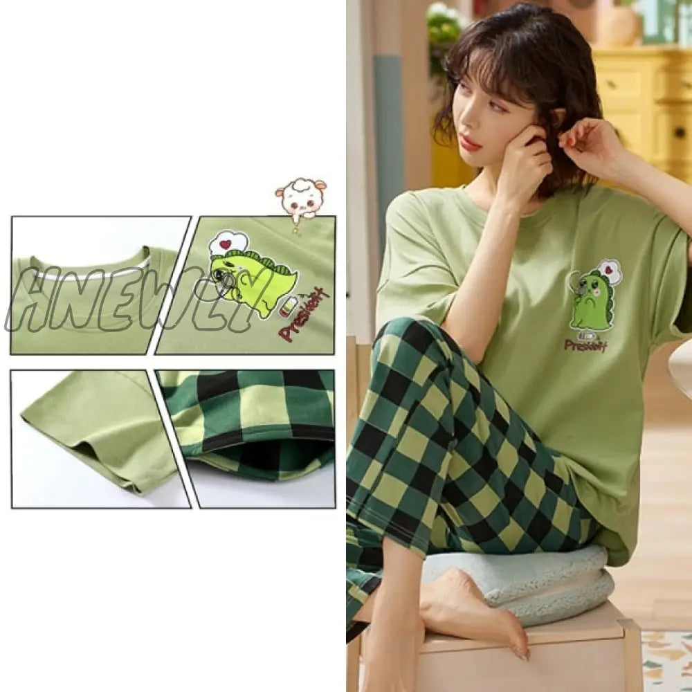 Hnewly New Sleepwear Cartoon Cotton Pajamas For Women Long Pants Short Sleeved Summer Spring