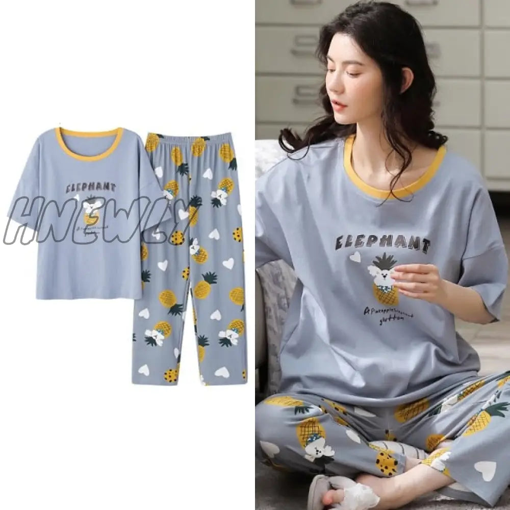 Hnewly New Sleepwear Cartoon Cotton Pajamas For Women Long Pants Short Sleeved Summer Spring