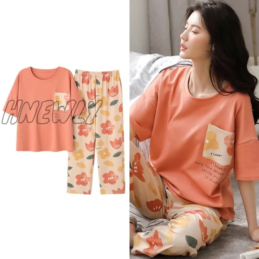 Hnewly New Sleepwear Cartoon Cotton Pajamas For Women Long Pants Short Sleeved Summer Spring