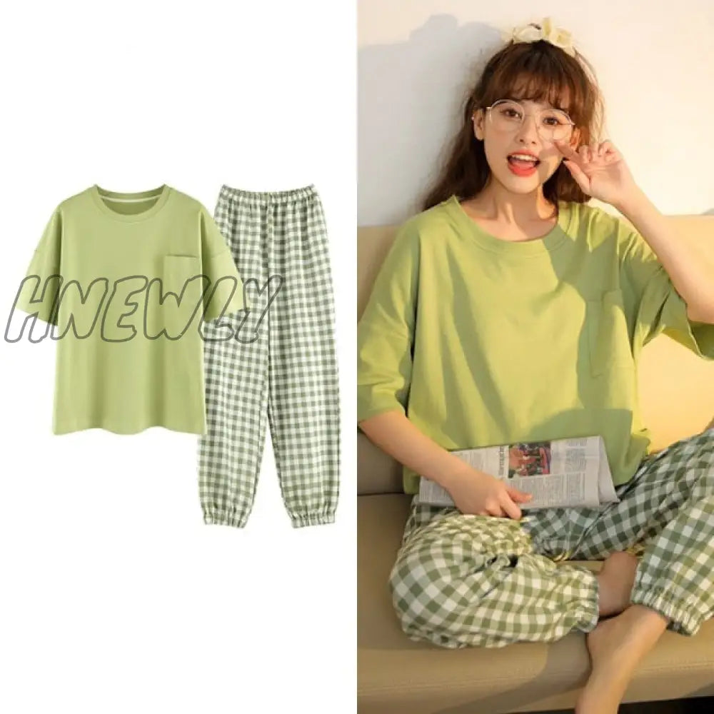 Hnewly New Sleepwear Cartoon Cotton Pajamas For Women Long Pants Short Sleeved Summer Spring