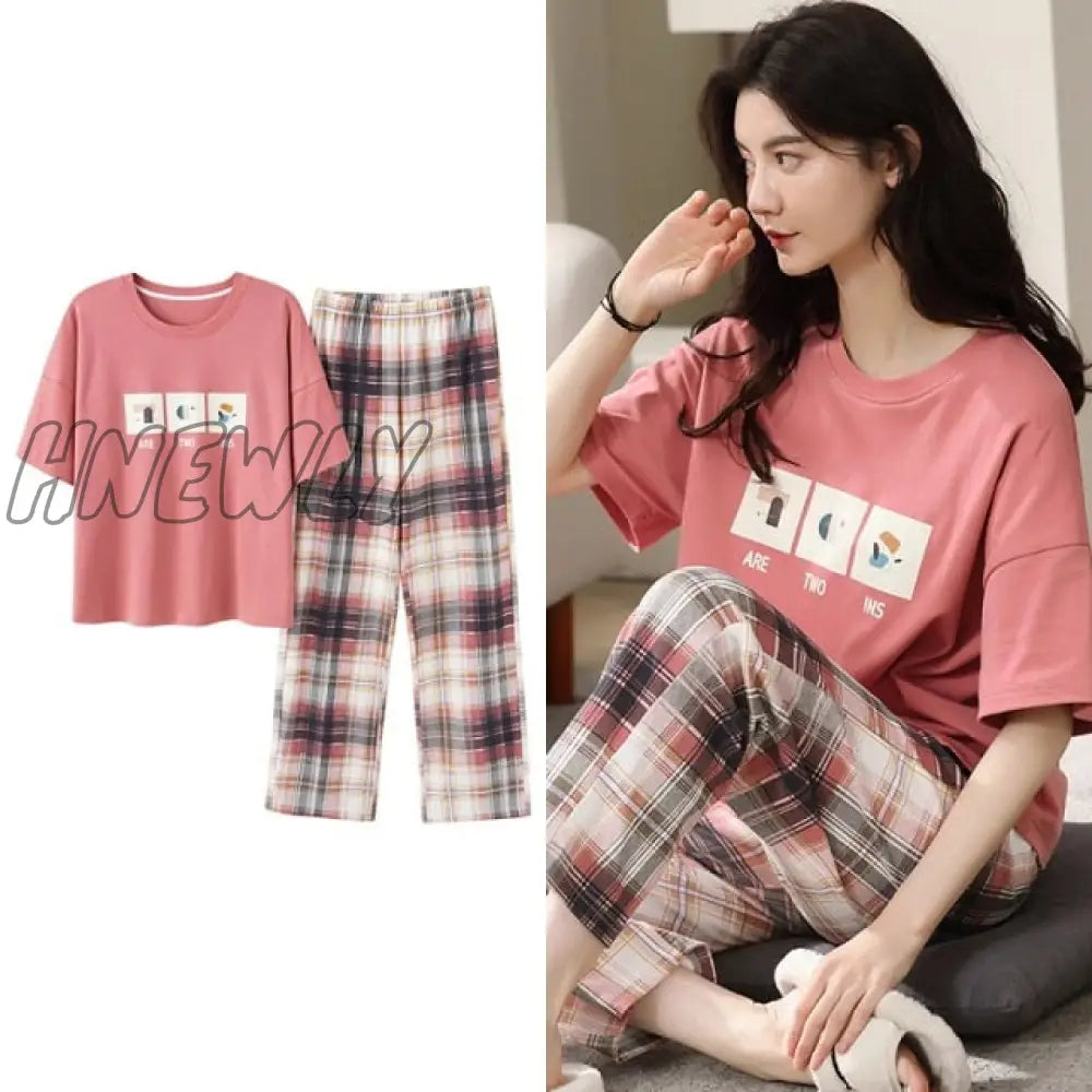 Hnewly New Sleepwear Cartoon Cotton Pajamas For Women Long Pants Short Sleeved Summer Spring