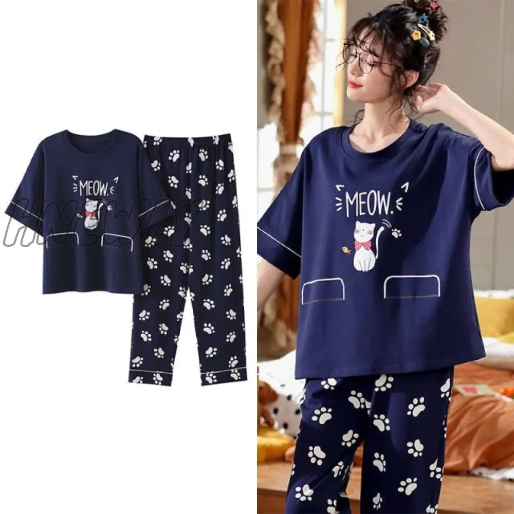 Hnewly New Sleepwear Cartoon Cotton Pajamas For Women Long Pants Short Sleeved Summer Spring