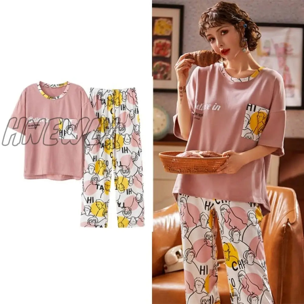 Hnewly New Sleepwear Cartoon Cotton Pajamas For Women Long Pants Short Sleeved Summer Spring