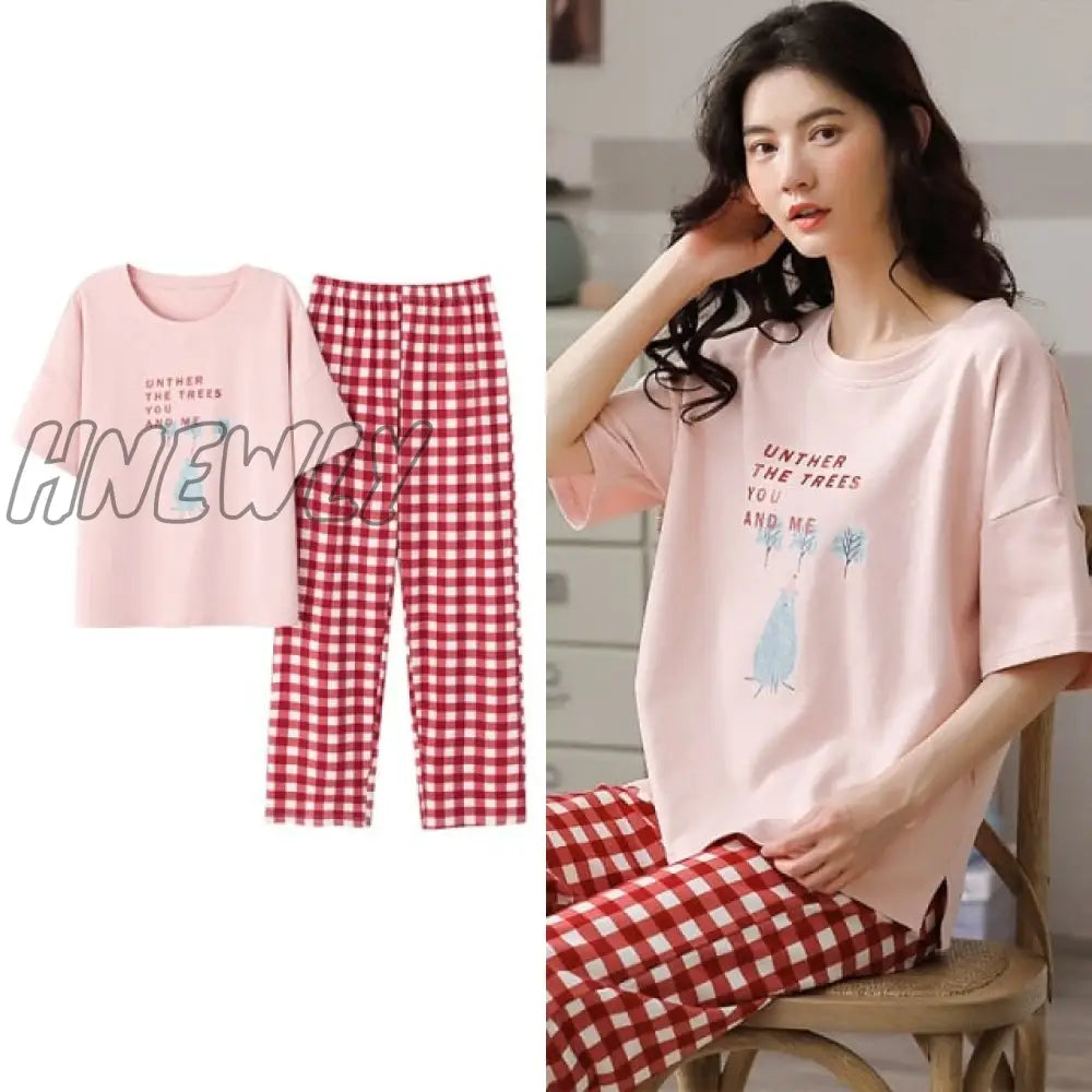 Hnewly New Sleepwear Cartoon Cotton Pajamas For Women Long Pants Short Sleeved Summer Spring