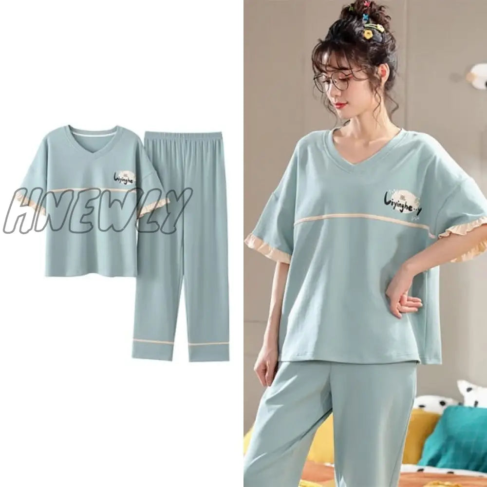 Hnewly New Sleepwear Cartoon Cotton Pajamas For Women Long Pants Short Sleeved Summer Spring