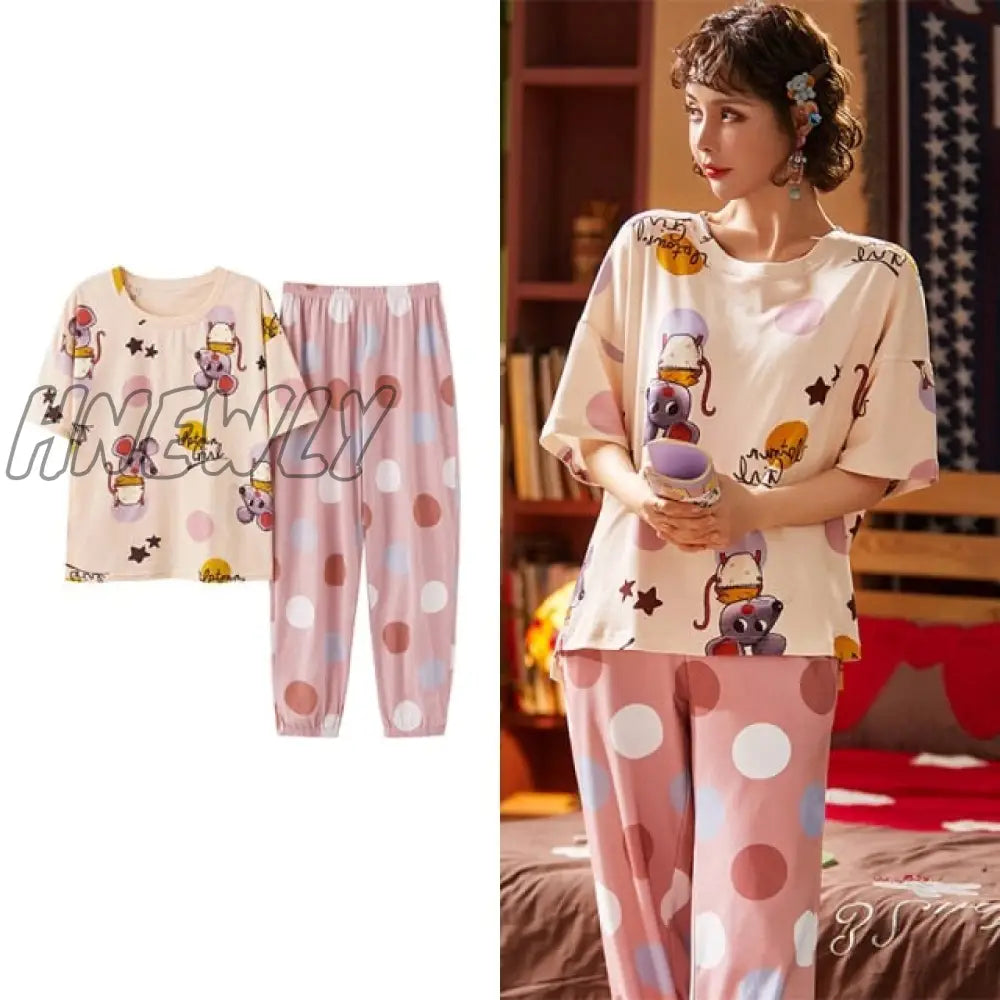 Hnewly New Sleepwear Cartoon Cotton Pajamas For Women Long Pants Short Sleeved Summer Spring