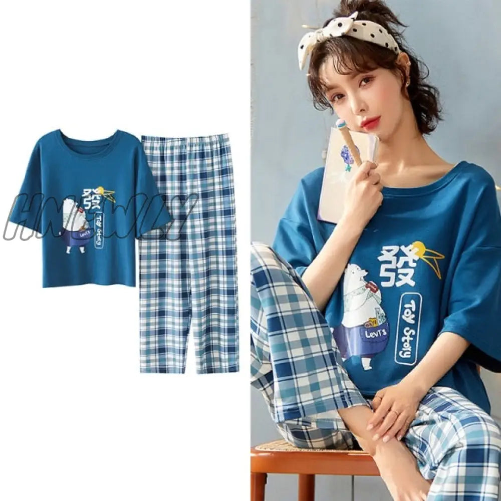 Hnewly New Sleepwear Cartoon Cotton Pajamas For Women Long Pants Short Sleeved Summer Spring