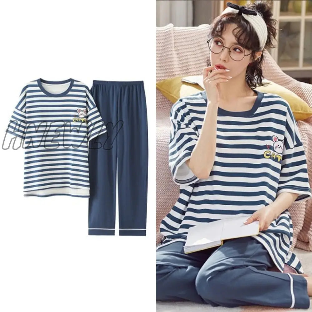 Hnewly New Sleepwear Cartoon Cotton Pajamas For Women Long Pants Short Sleeved Summer Spring
