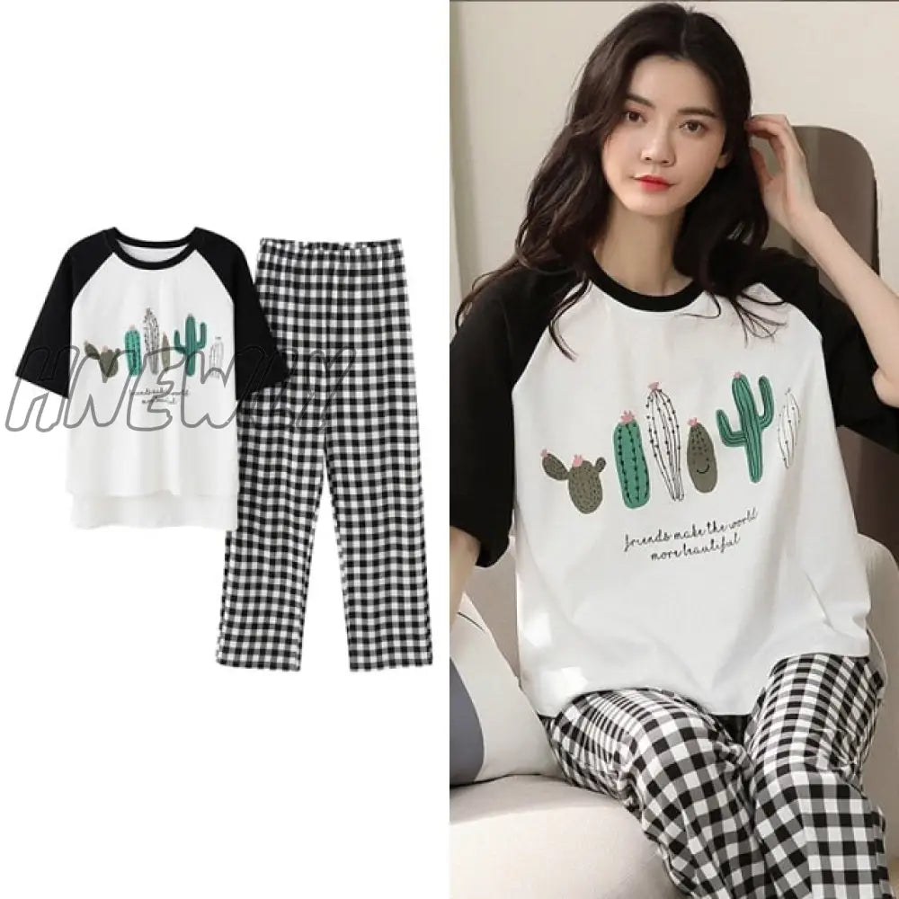 Hnewly New Sleepwear Cartoon Cotton Pajamas For Women Long Pants Short Sleeved Summer Spring