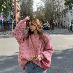 Hnewly New Soft Women’s Knit Blue Sweater V-Neck Loose Pullover Vintage Pink Top Korean Clothes