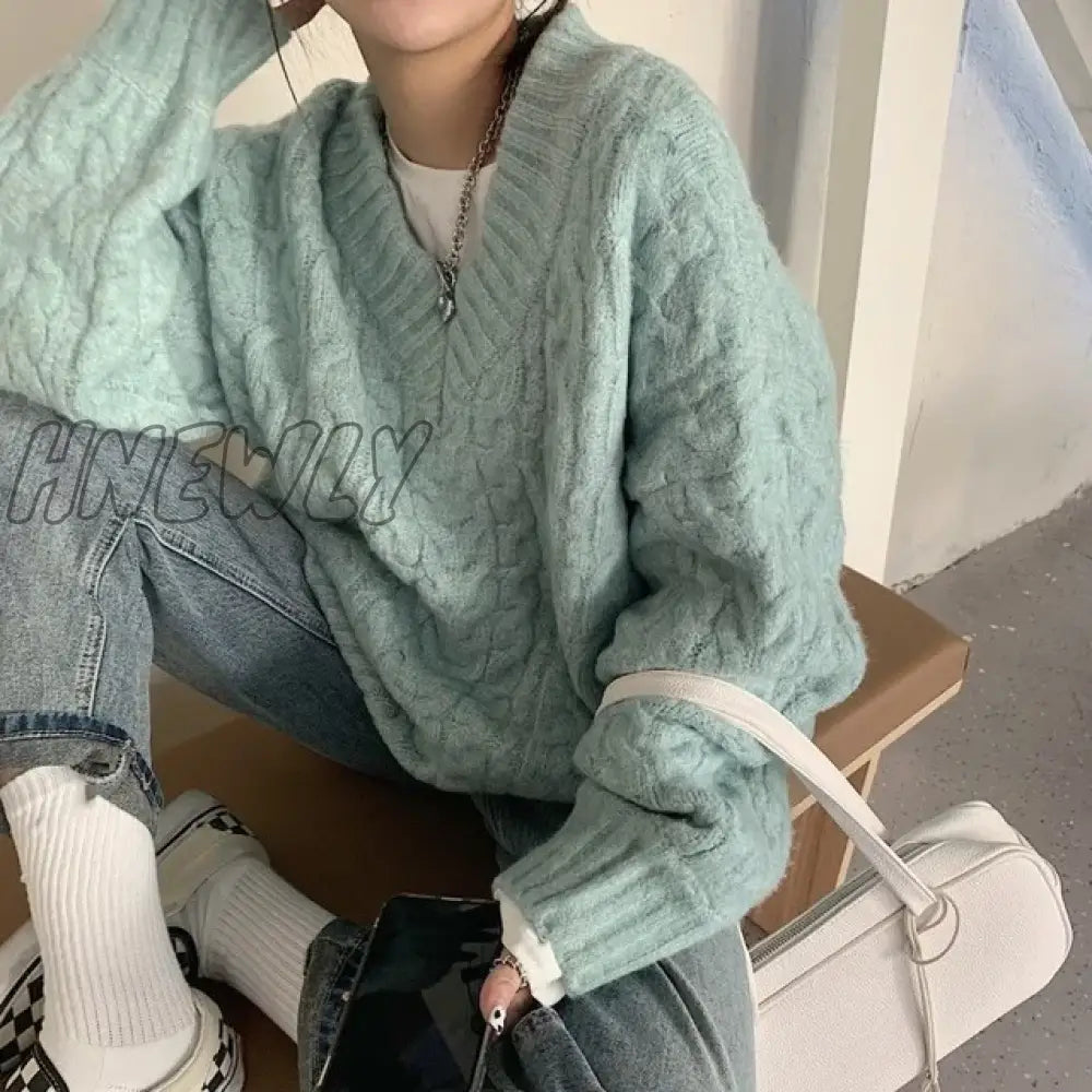 Hnewly New Soft Women’s Knit Blue Sweater V-Neck Loose Pullover Vintage Pink Top Korean Clothes