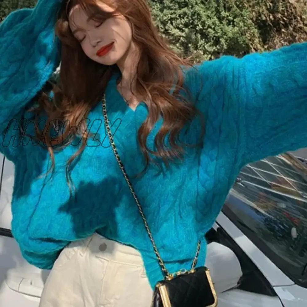 Hnewly New Soft Women’s Knit Blue Sweater V-Neck Loose Pullover Vintage Pink Top Korean Clothes
