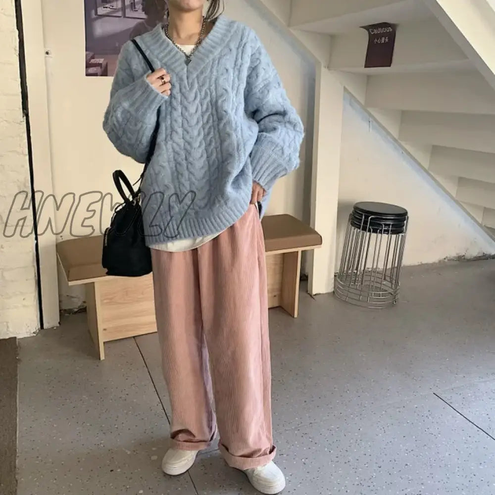 Hnewly New Soft Women’s Knit Blue Sweater V-Neck Loose Pullover Vintage Pink Top Korean Clothes