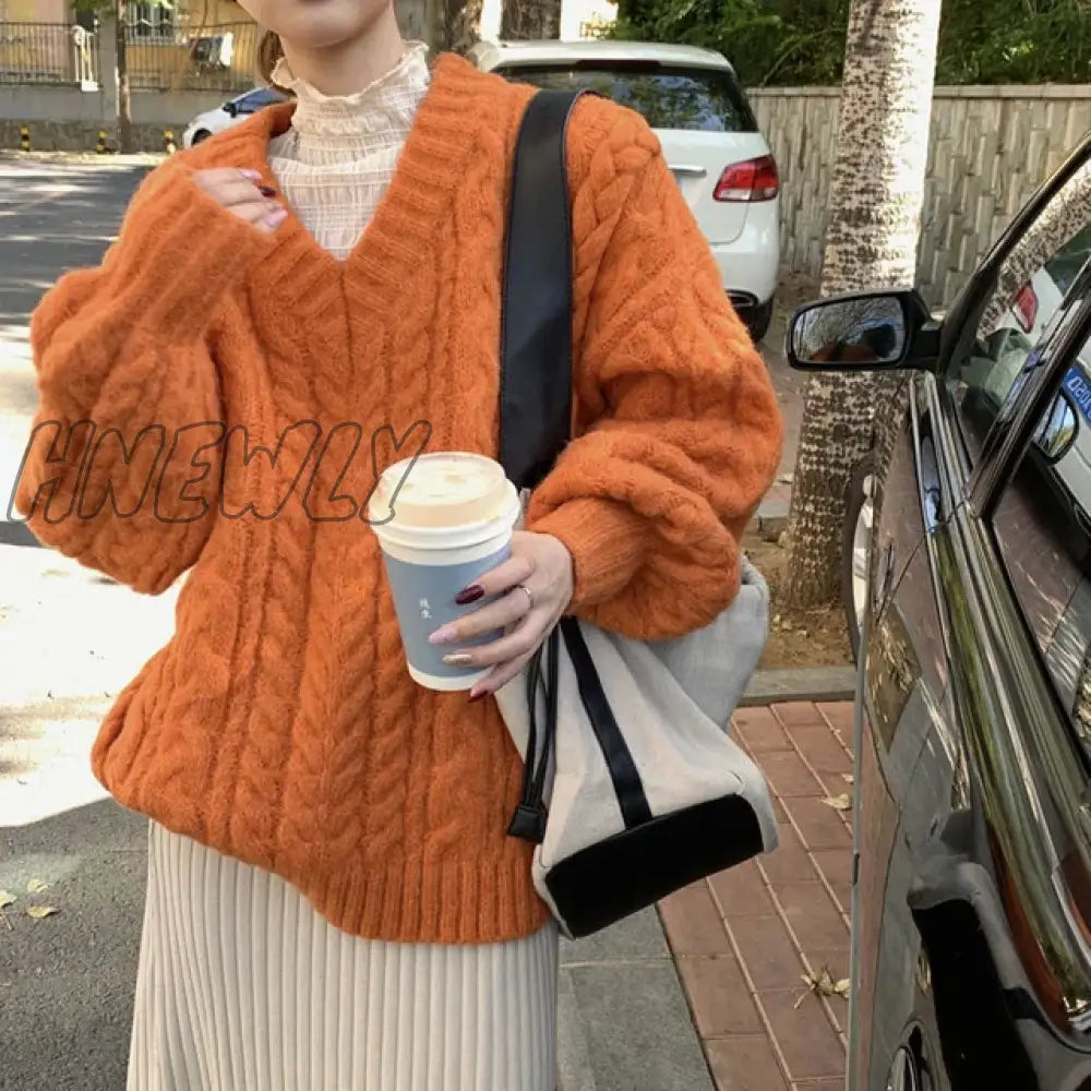 Hnewly New Soft Women’s Knit Blue Sweater V-Neck Loose Pullover Vintage Pink Top Korean Clothes