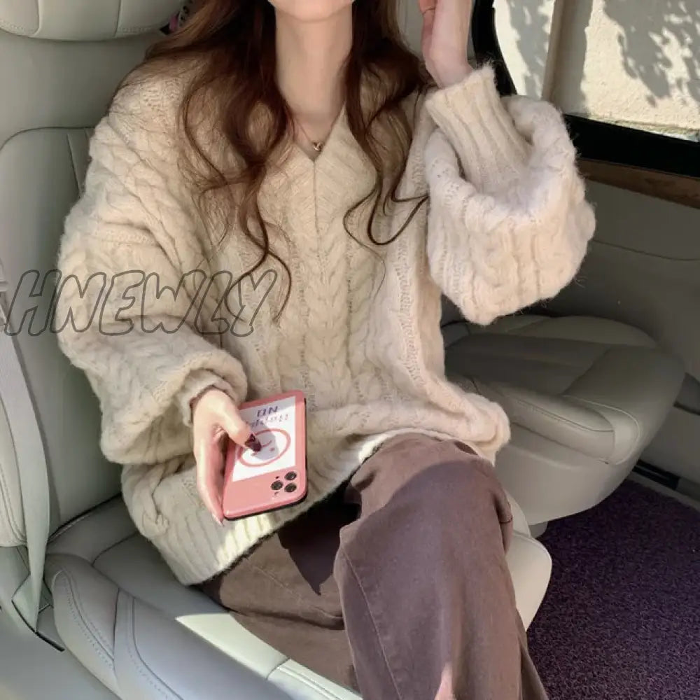 Hnewly New Soft Women’s Knit Blue Sweater V-Neck Loose Pullover Vintage Pink Top Korean Clothes