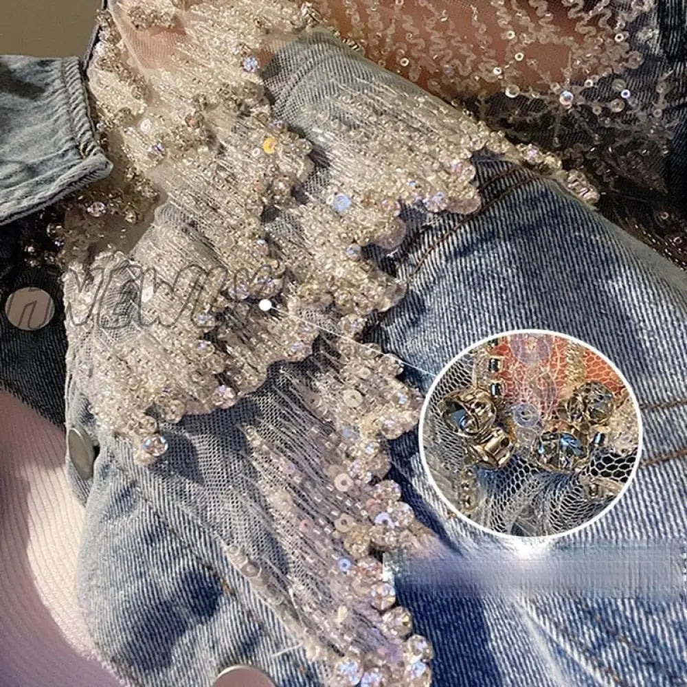 Hnewly New Spring Patchwork Lace Denim Jackets Coat Women Tassel Beading Diamonds Outerwear Coats