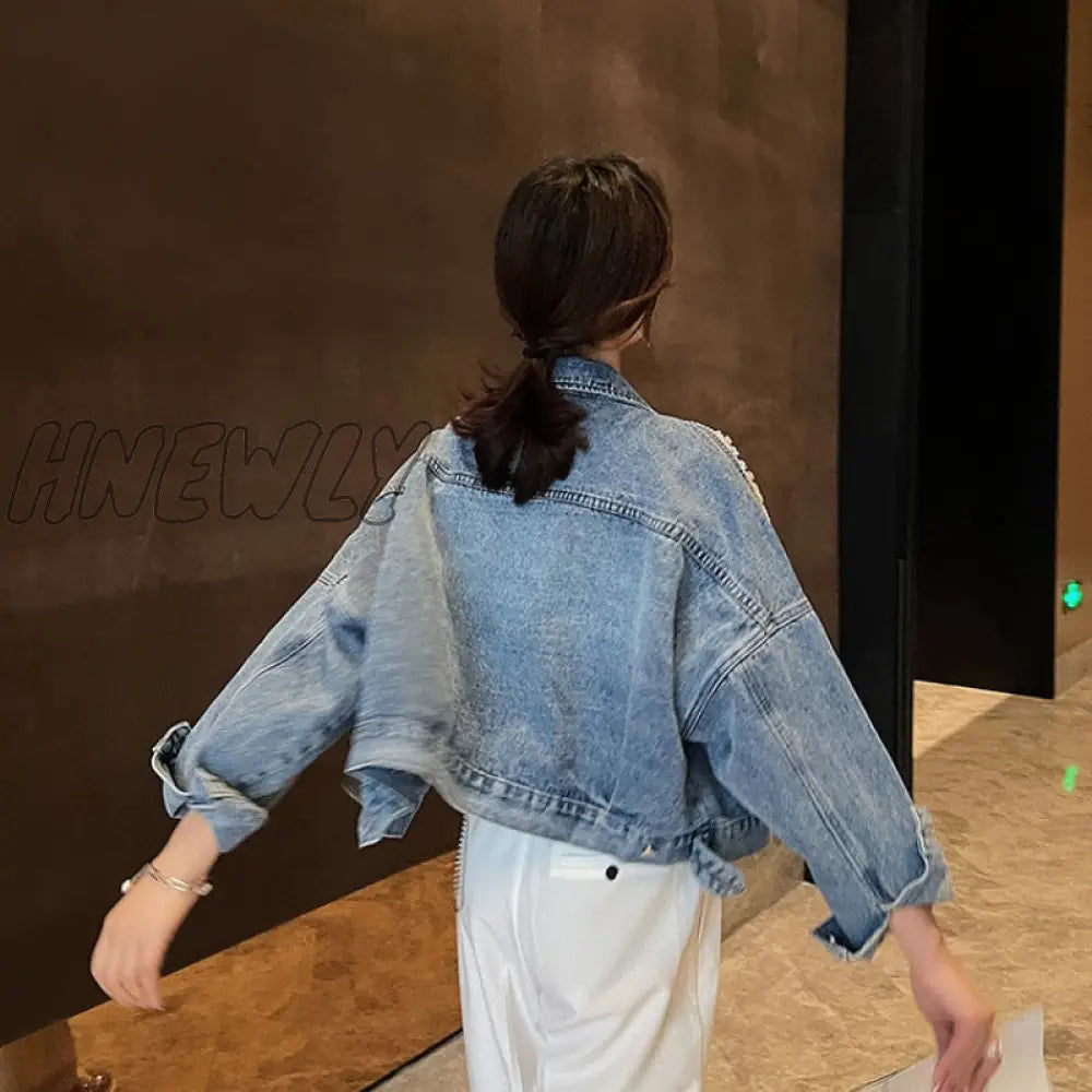 Hnewly New Spring Patchwork Lace Denim Jackets Coat Women Tassel Beading Diamonds Outerwear Coats