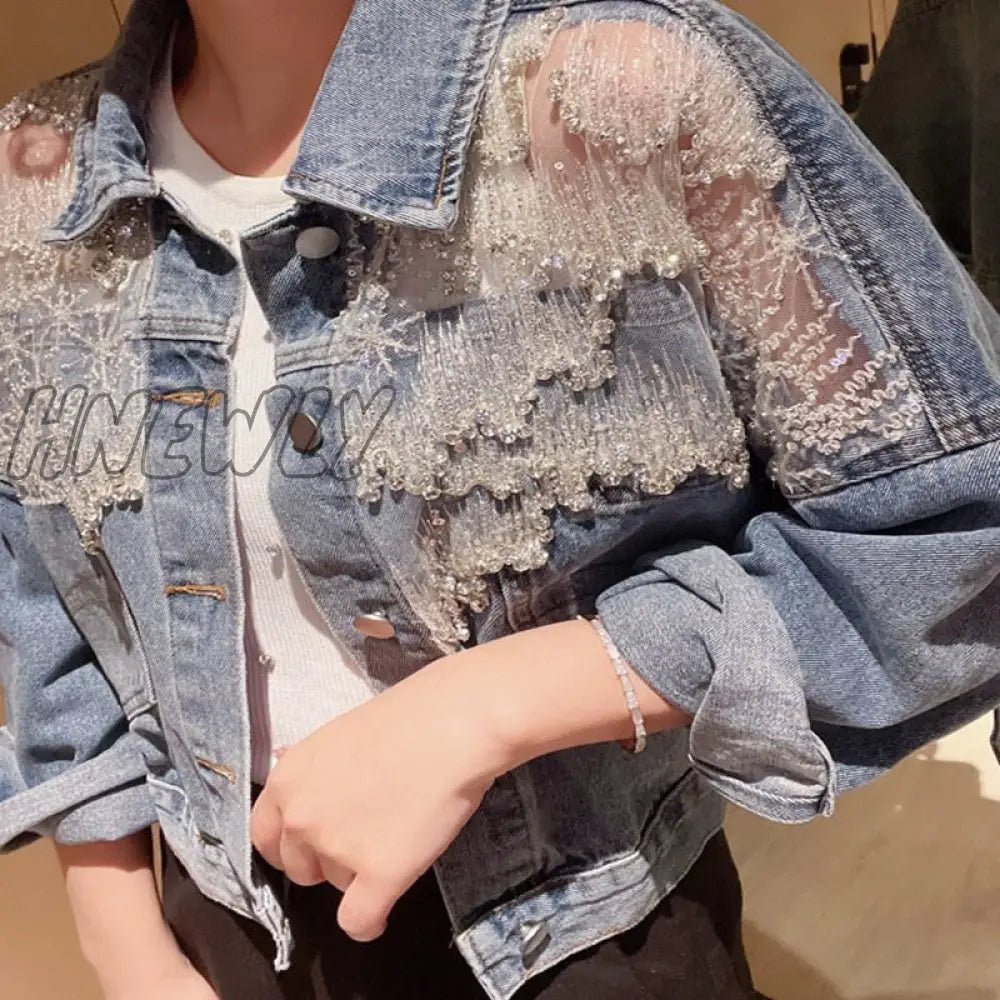Hnewly New Spring Patchwork Lace Denim Jackets Coat Women Tassel Beading Diamonds Outerwear Coats