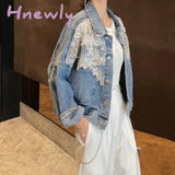 Hnewly New Spring Patchwork Lace Denim Jackets Coat Women Tassel Beading Diamonds Outerwear Coats