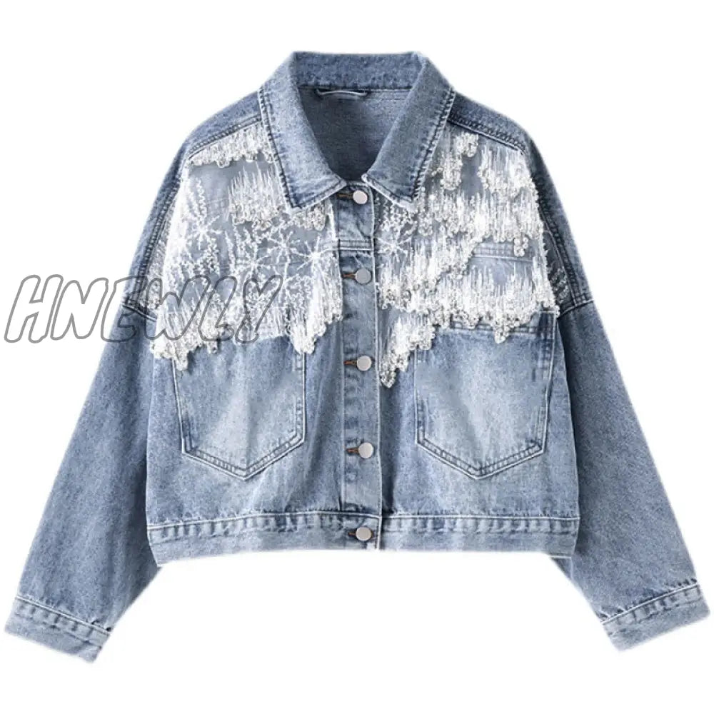 Hnewly New Spring Patchwork Lace Denim Jackets Coat Women Tassel Beading Diamonds Outerwear Coats