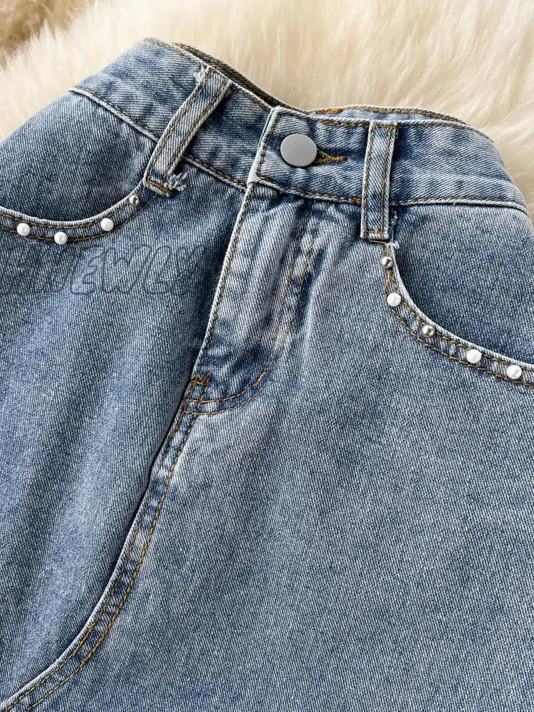 Hnewly New Spring Summer Beading Split Denim Skirts Women Fashion High Waist A-Line Irregular Jeans