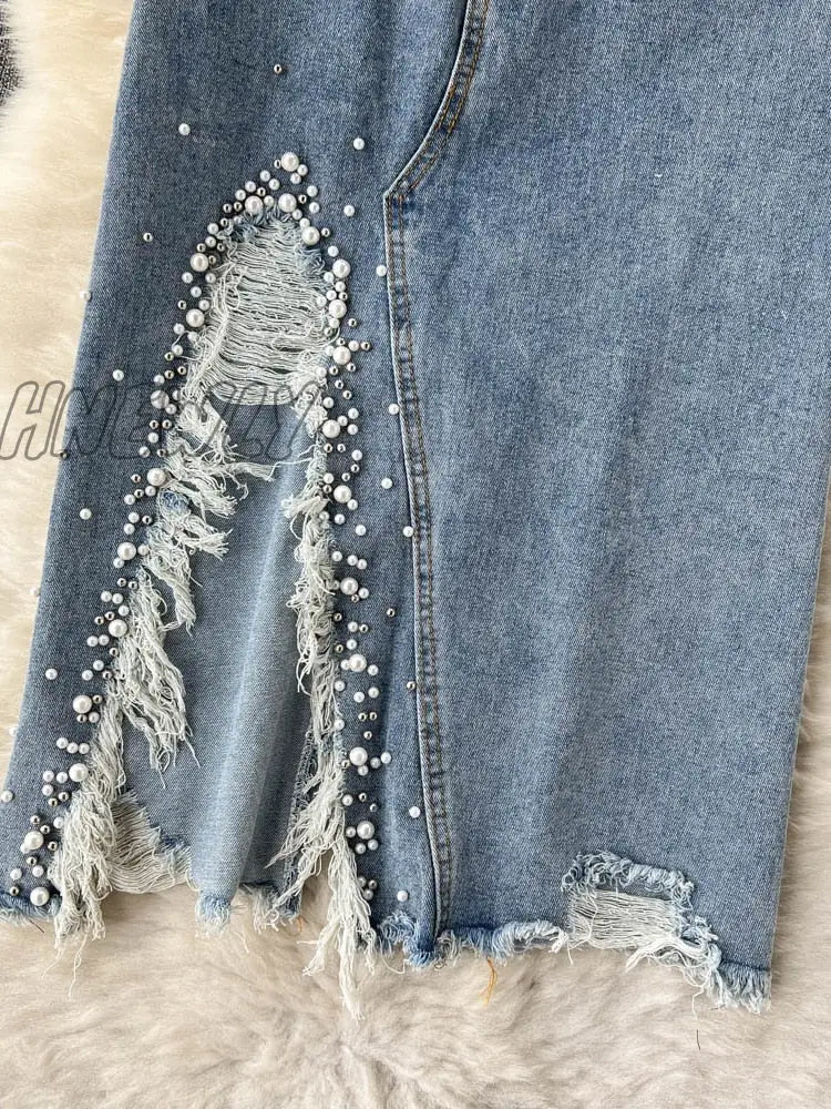 Hnewly New Spring Summer Beading Split Denim Skirts Women Fashion High Waist A-Line Irregular Jeans